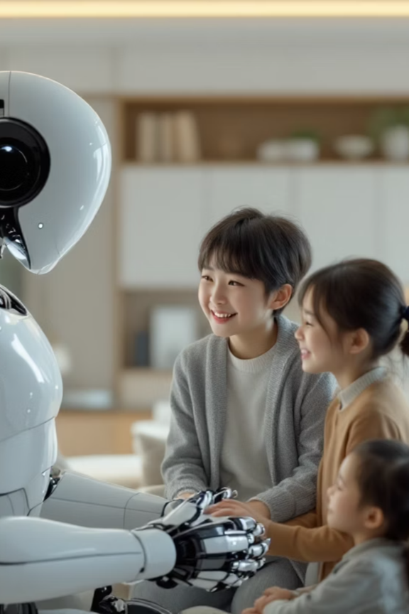 ロボットと子供が手を取り合う